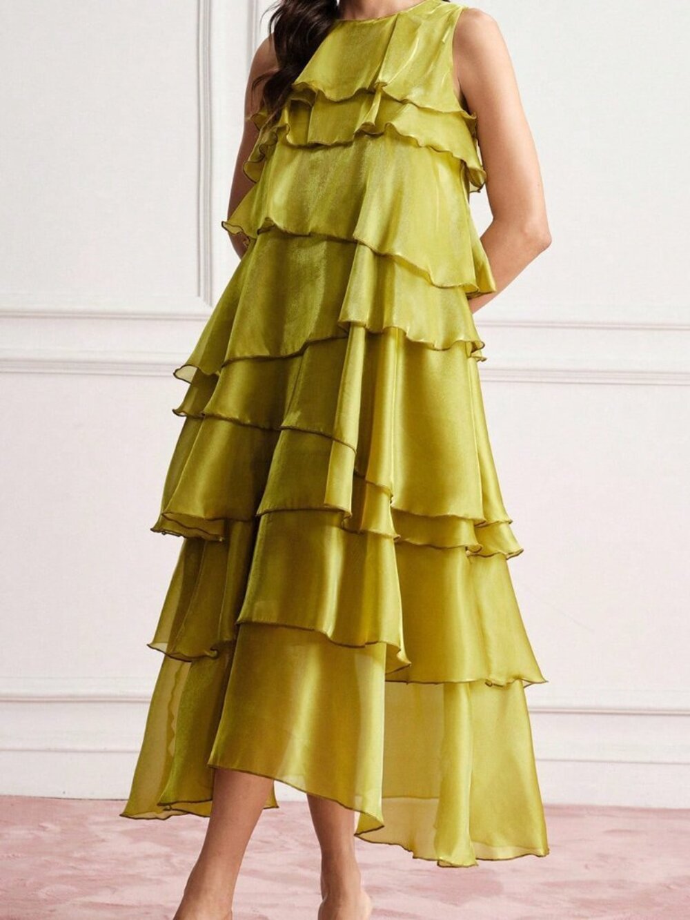 Green Party Women's Asymmetrical Ruffle Long Dress - Picture 5 of 7